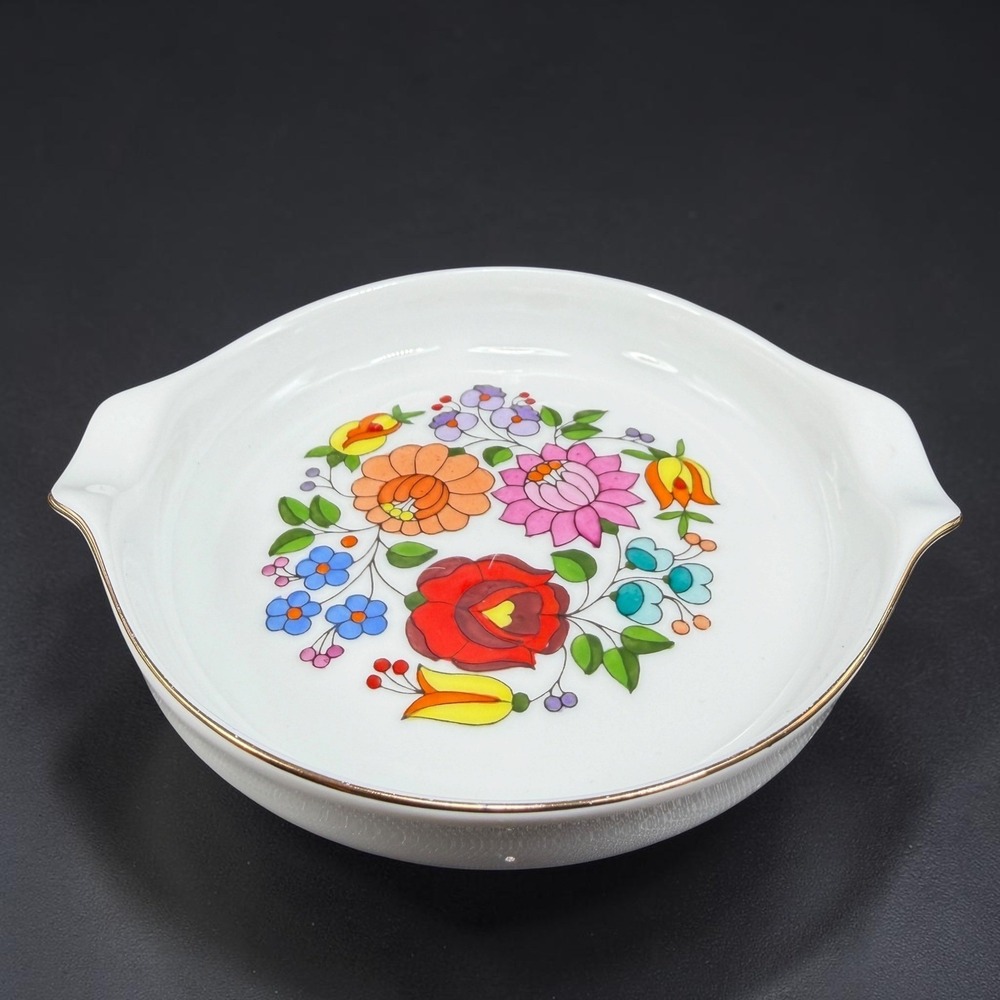 Kalocsa Hungary Handpainted Porcelain Floral Trinket Dish Gold Rim Tray Plate